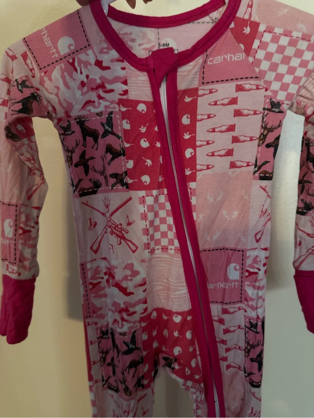 BAMBOO Pink Patchwork Print Footed One-Piece Pajamas